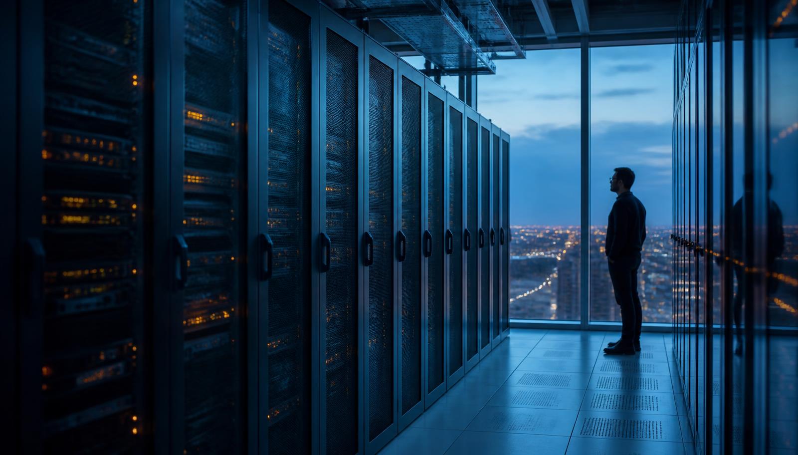 Data center aisle at blue hour with rows of server racks and amber indicator lights