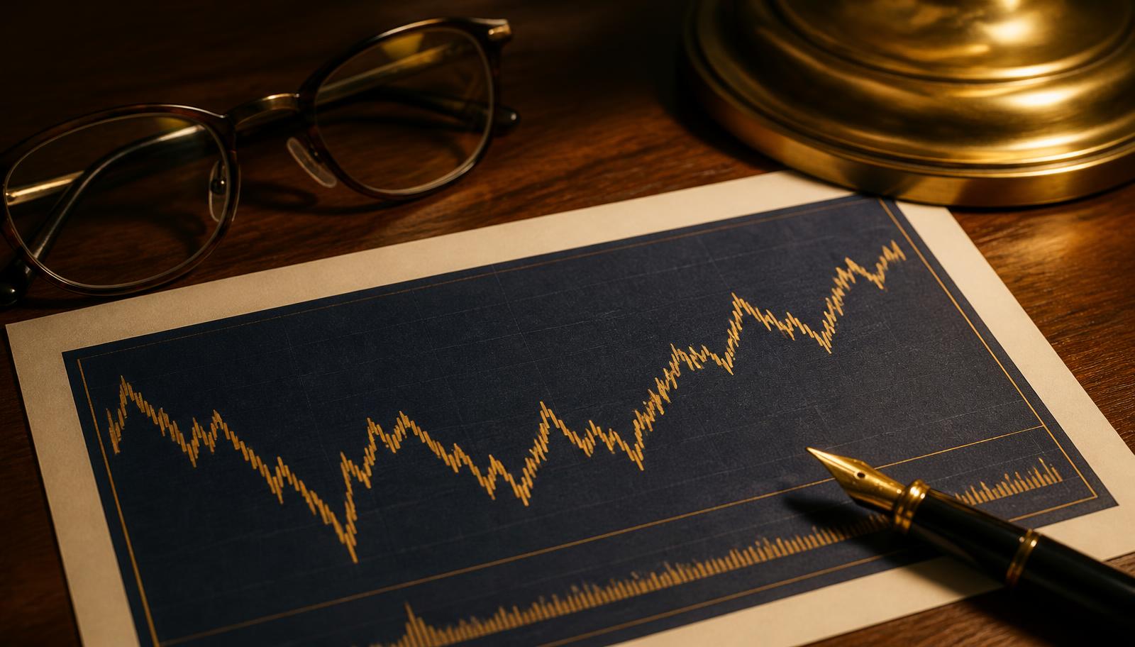 Long-term yield chart printed on paper beside reading glasses and a fountain pen under warm lamp light