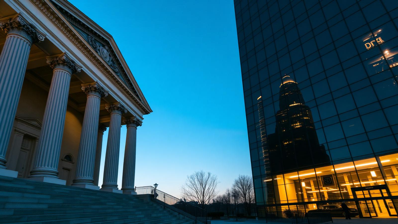 Courthouse columns beside a modern office tower at blue hour