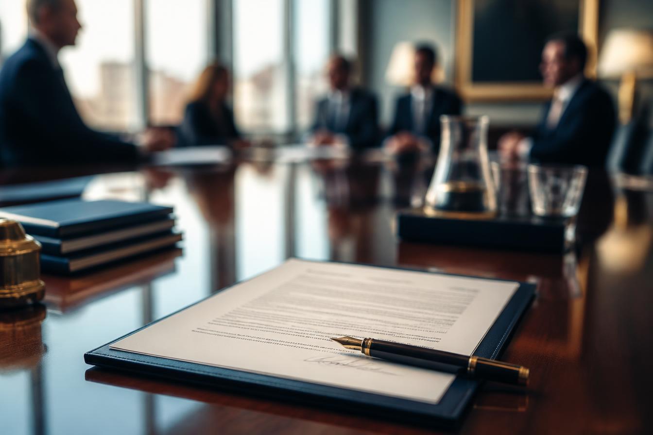 A signed general assignment document on a conference table with advisors in discussion