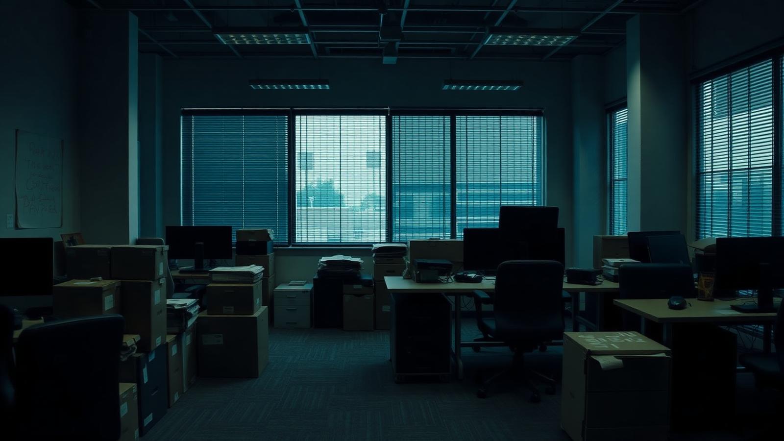 Empty startup office with packed boxes during an orderly wind-down